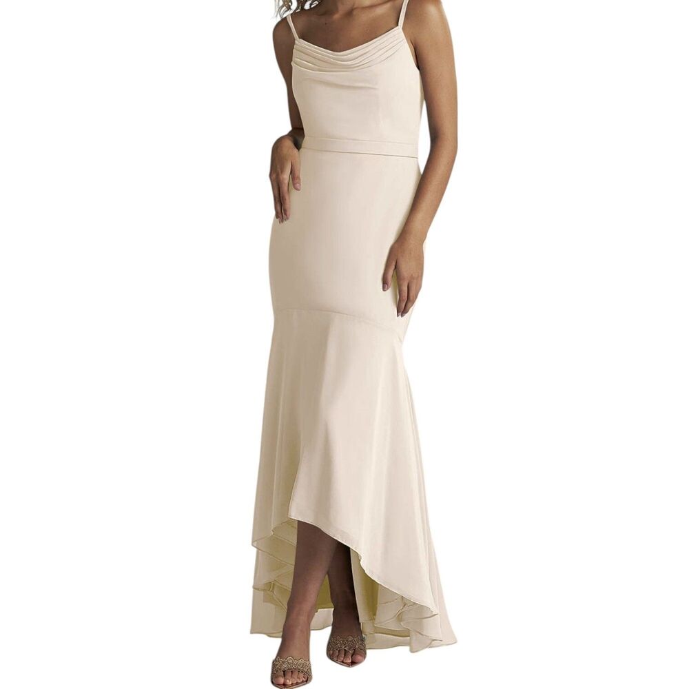 Azazie White Alabaster Mermaid Scoop Cowl Chiffon Bridesmaid‎ Prom Dress Sz 6